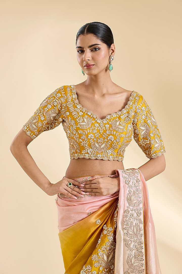 Mustard Kora Silk Moti Embroidered Reception Saree Set by SURBHI SHAH at Pernia's Pop Up Shop
