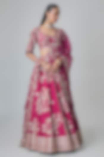Berry Magenta Dupion Silk Aari & Zardosi Embroidered Bridal Lehenga Set by Surbhi Shah at Pernia's Pop Up Shop