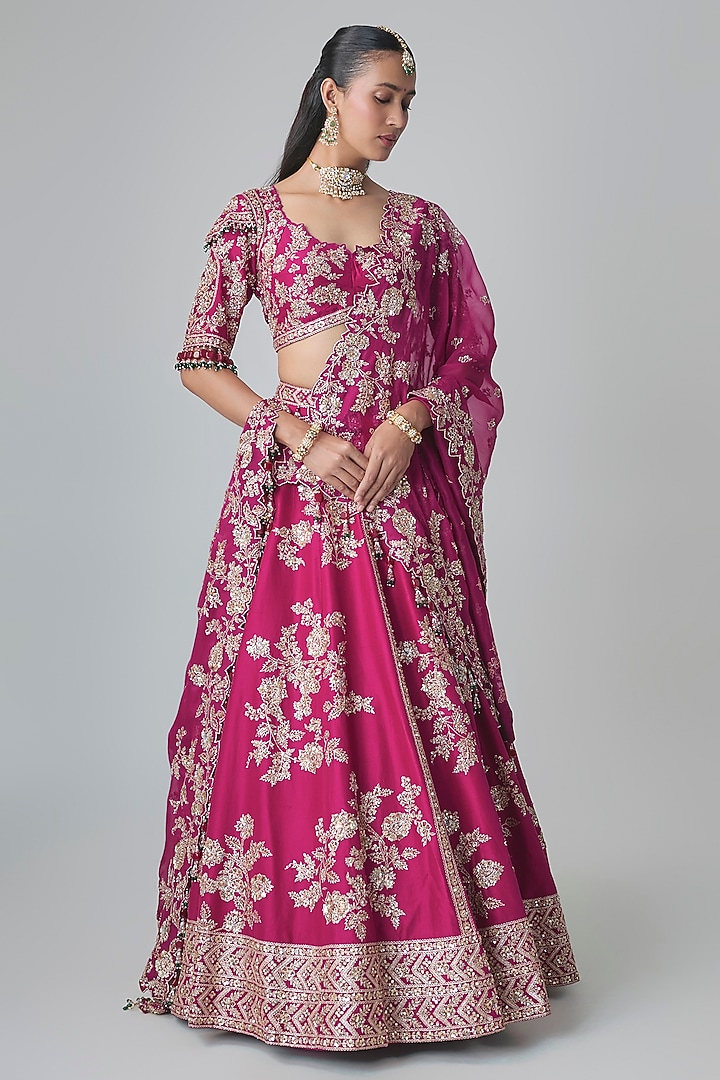 Berry Magenta Dupion Silk Aari & Zardosi Embroidered Bridal Lehenga Set by Surbhi Shah at Pernia's Pop Up Shop