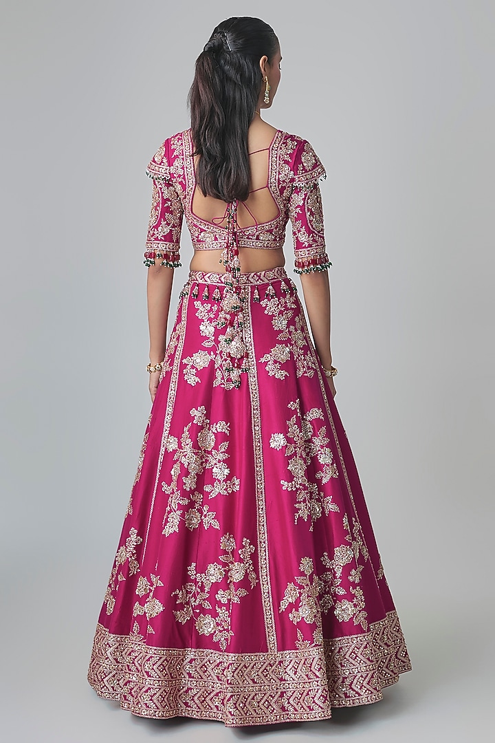 Berry Magenta Dupion Silk Aari & Zardosi Embroidered Bridal Lehenga Set by Surbhi Shah at Pernia's Pop Up Shop