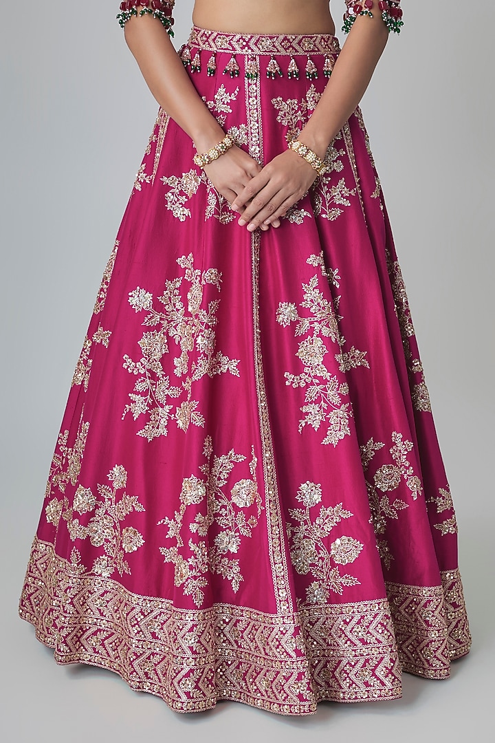 Berry Magenta Dupion Silk Aari & Zardosi Embroidered Bridal Lehenga Set by Surbhi Shah at Pernia's Pop Up Shop