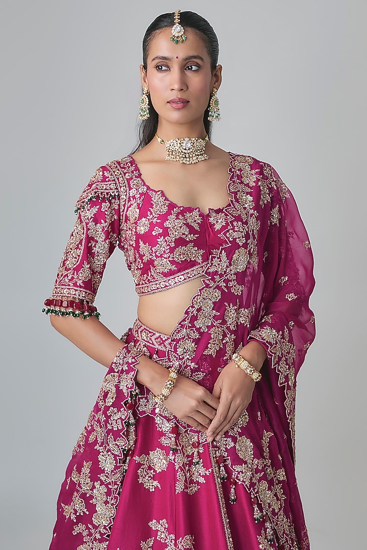 Berry Magenta Dupion Silk Aari & Zardosi Embroidered Bridal Lehenga Set by Surbhi Shah at Pernia's Pop Up Shop