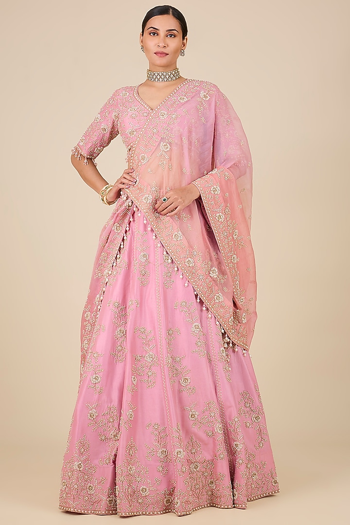 Rose Gold Dupion Silk Pearl Work Bridal Lehenga Set by Surbhi Shah at Pernia's Pop Up Shop