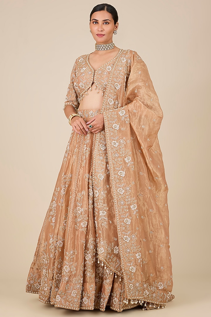 Golden Tissue Pearl Work Bridal Lehenga Set by Surbhi Shah at Pernia's Pop Up Shop