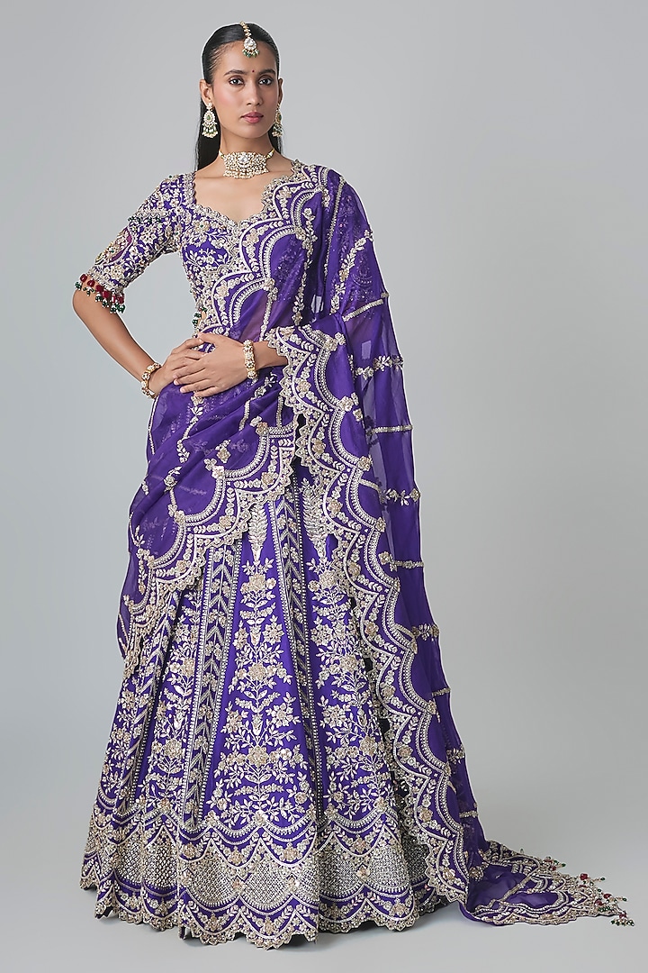 Purple Dupion Silk Aari & Zardosi Embroidered Bridal Lehenga Set by Surbhi Shah at Pernia's Pop Up Shop