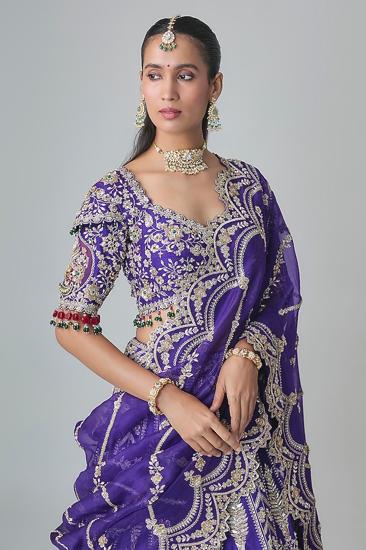 Purple Dupion Silk Aari & Zardosi Embroidered Bridal Lehenga Set by Surbhi Shah at Pernia's Pop Up Shop