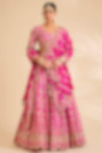 Fuchsia Pink Dupion Silk Aari & Kasab Work Bridal Bridal Lehenga Set by SURBHI SHAH at Pernia's Pop Up Shop