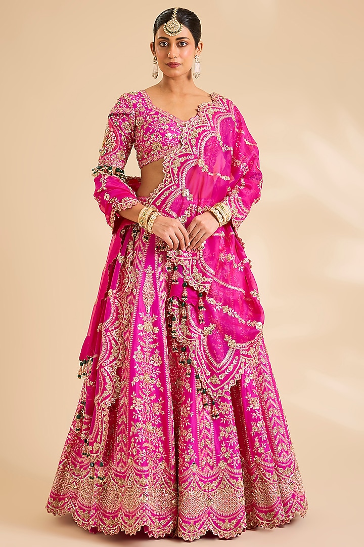 Fuchsia Pink Dupion Silk Aari & Kasab Work Bridal Bridal Lehenga Set by SURBHI SHAH at Pernia's Pop Up Shop