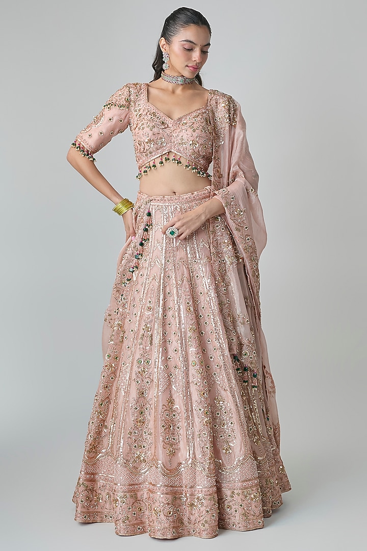 Nude Peach Tissue Bridal Lehenga Set by SURBHI SHAH at Pernia's Pop Up Shop