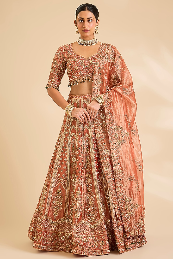 Orange Tissue Sequin & Zardosi Work Bridal Bridal Lehenga Set by SURBHI SHAH at Pernia's Pop Up Shop