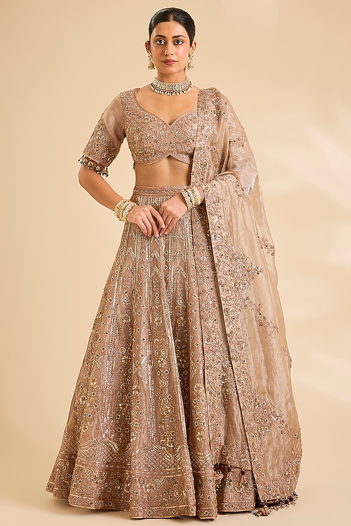 Beige Tissue Sequin & Zardosi Work Bridal Bridal Lehenga Set by SURBHI SHAH at Pernia's Pop Up Shop