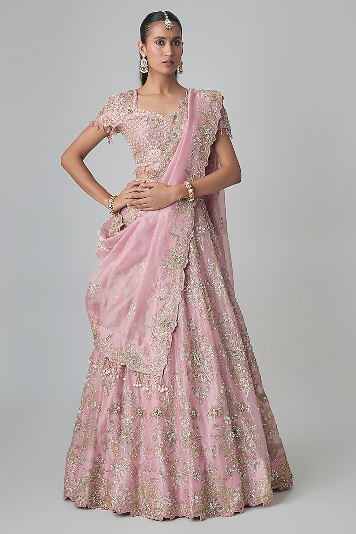 Rose Pink Tissue Kasab Work Bridal Lehenga Set by Surbhi Shah at Pernia's Pop Up Shop