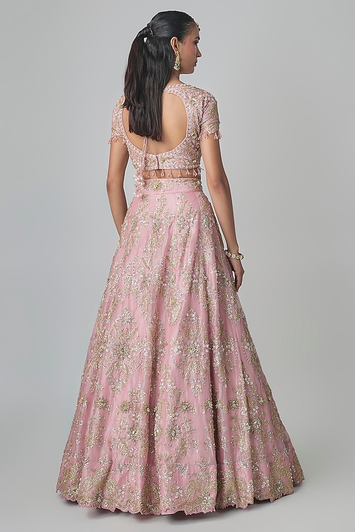 Rose Pink Tissue Kasab Work Bridal Lehenga Set by Surbhi Shah at Pernia's Pop Up Shop