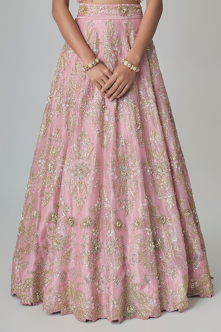 Rose Pink Tissue Kasab Work Bridal Lehenga Set by Surbhi Shah at Pernia's Pop Up Shop