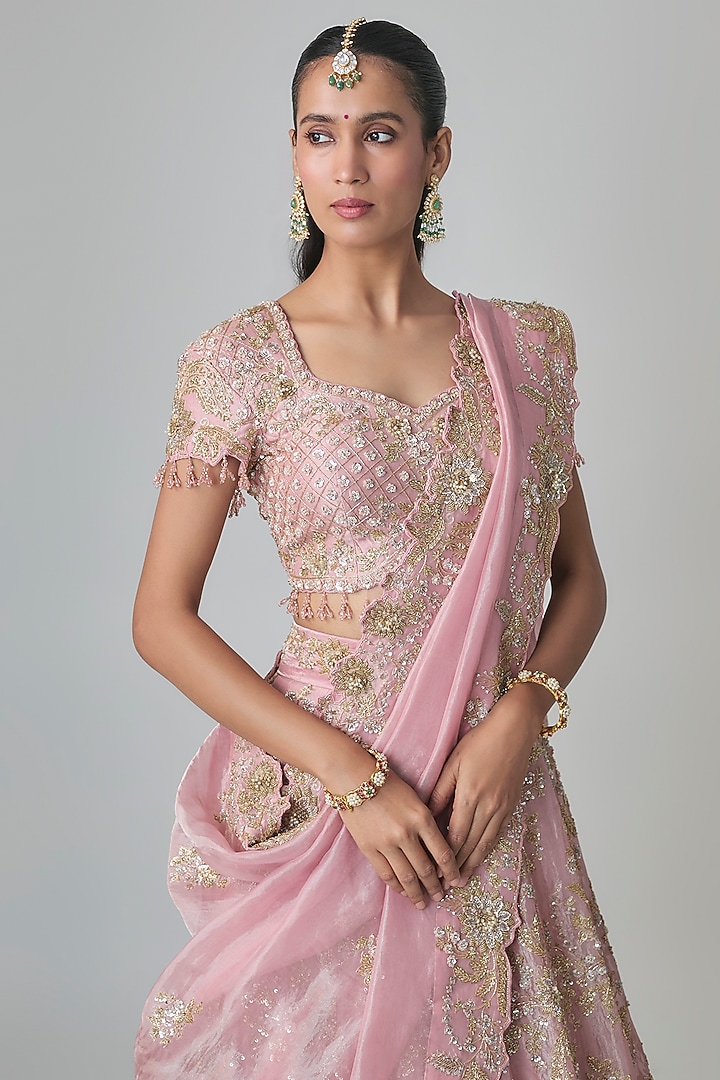 Rose Pink Tissue Kasab Work Bridal Lehenga Set by Surbhi Shah at Pernia's Pop Up Shop