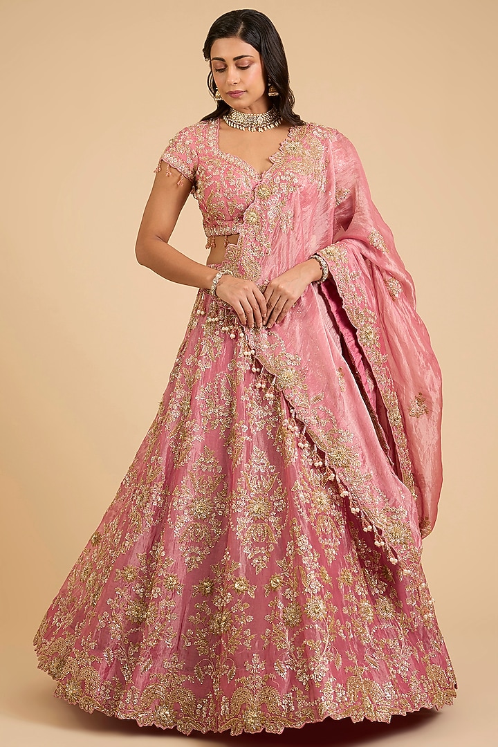 Pink Tissue Bridal Lehenga Set by SURBHI SHAH at Pernia's Pop Up Shop