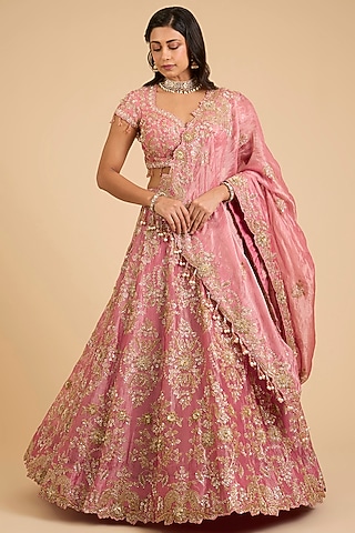 Pink Tissue Lehenga Set by SURBHI SHAH