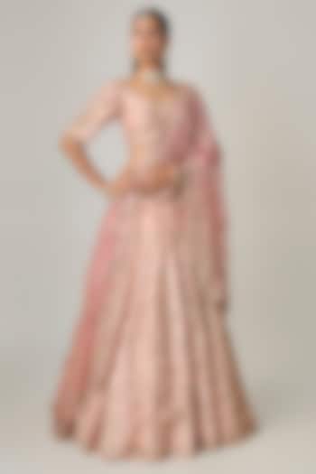 Baby Peach Dupion Silk Aari & Zardosi Embroidered Bridal Lehenga Set by Surbhi Shah at Pernia's Pop Up Shop