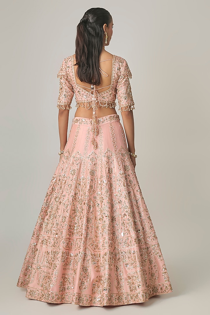 Baby Peach Dupion Silk Aari & Zardosi Embroidered Bridal Lehenga Set by Surbhi Shah at Pernia's Pop Up Shop