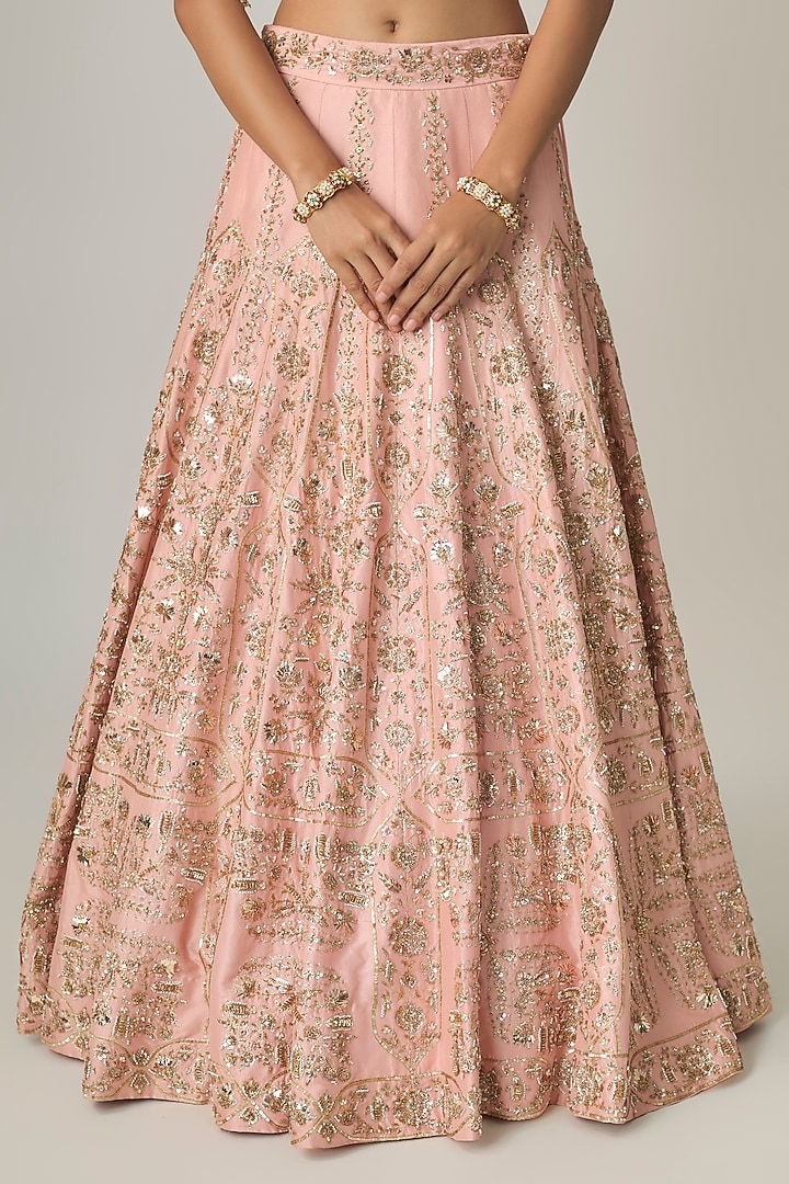 Baby Peach Dupion Silk Aari & Zardosi Embroidered Bridal Lehenga Set by Surbhi Shah at Pernia's Pop Up Shop