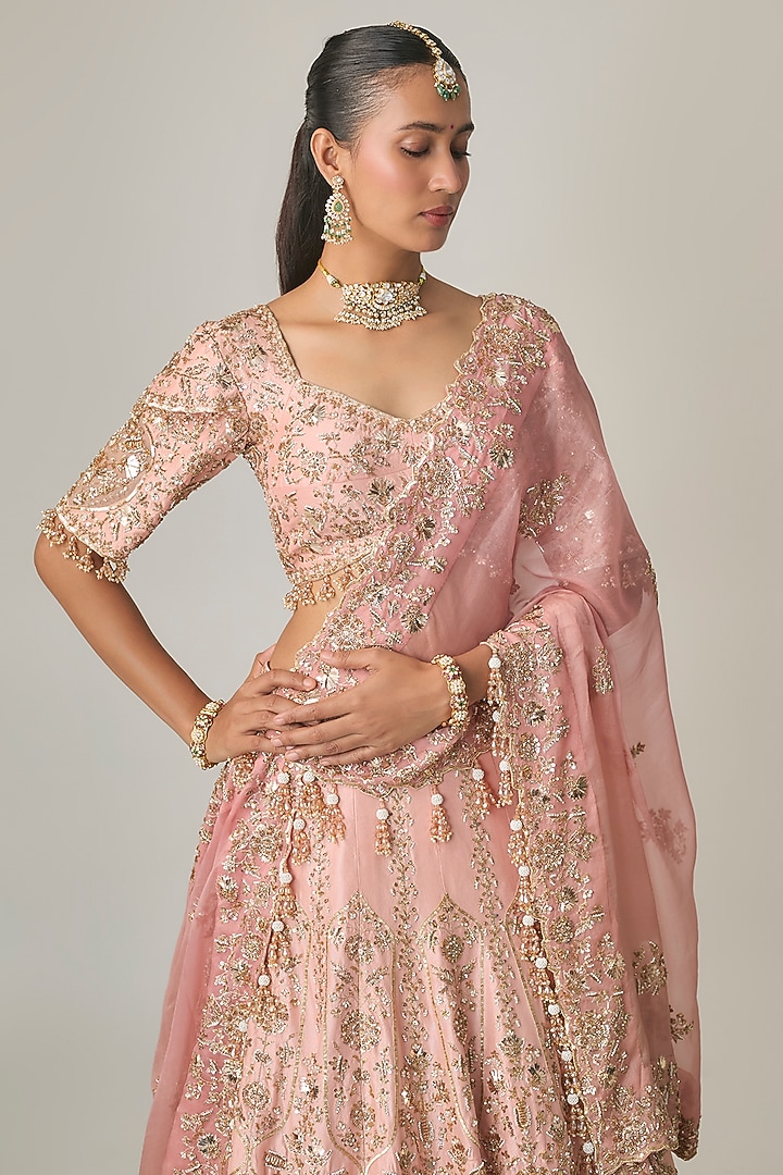 Baby Peach Dupion Silk Aari & Zardosi Embroidered Bridal Lehenga Set by Surbhi Shah at Pernia's Pop Up Shop