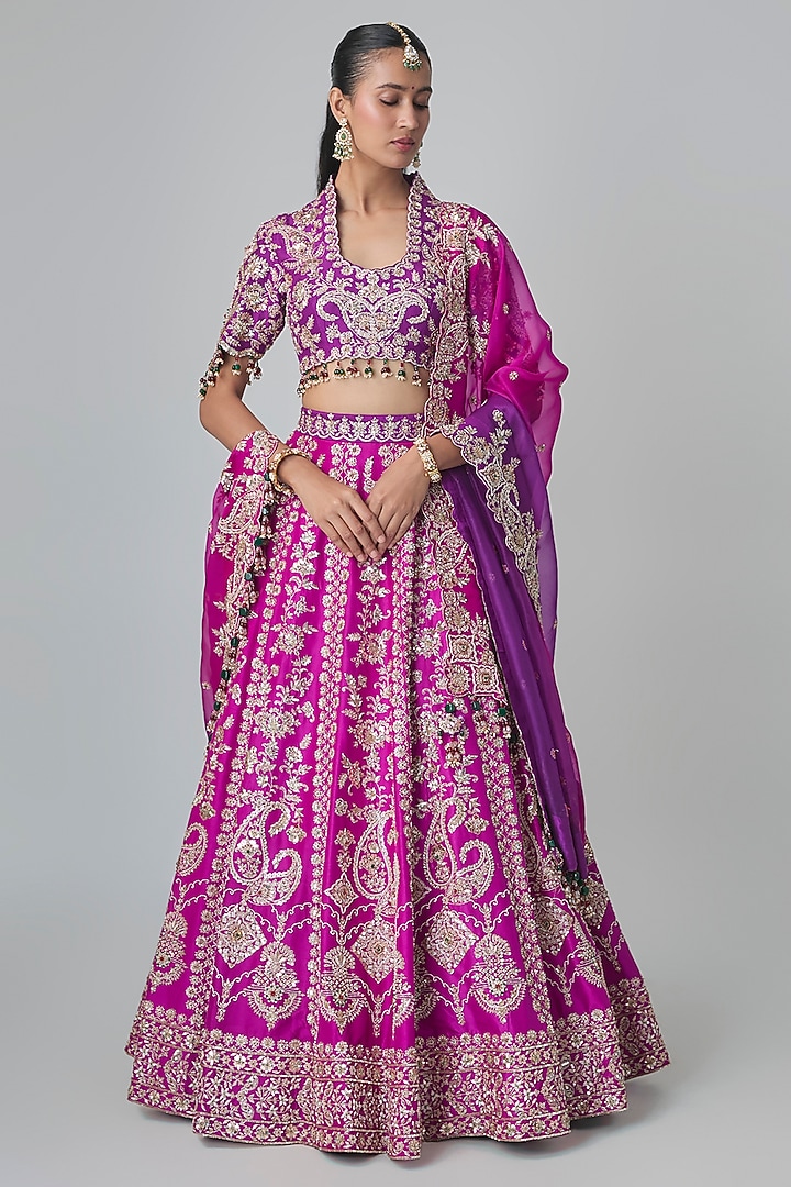 Magenta Dupion Silk Aari & Zardosi Embroidered Bridal Lehenga Set by Surbhi Shah at Pernia's Pop Up Shop