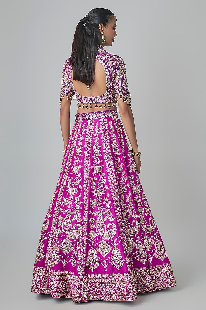 Magenta Dupion Silk Aari & Zardosi Embroidered Bridal Lehenga Set by Surbhi Shah at Pernia's Pop Up Shop
