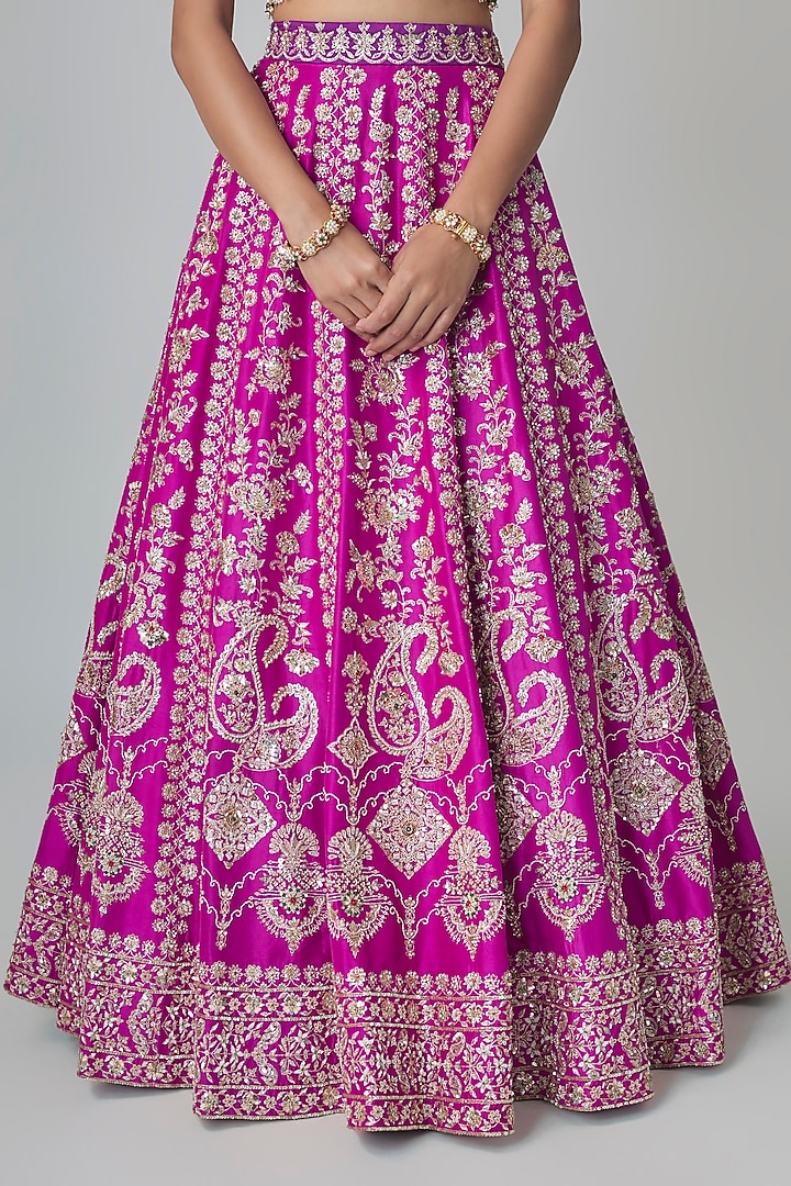 Magenta Dupion Silk Aari & Zardosi Embroidered Bridal Lehenga Set by Surbhi Shah at Pernia's Pop Up Shop