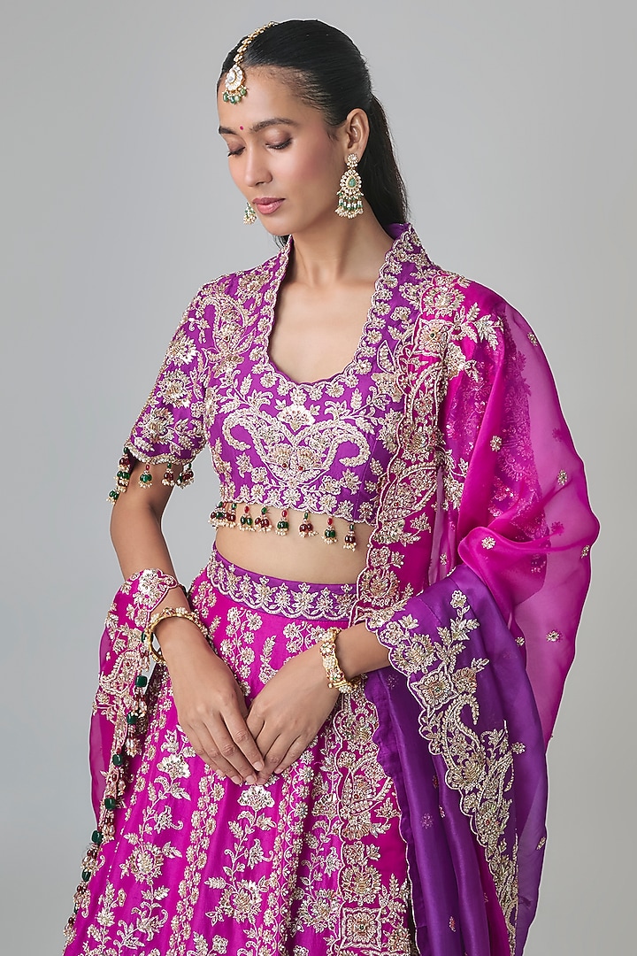 Magenta Dupion Silk Aari & Zardosi Embroidered Bridal Lehenga Set by Surbhi Shah at Pernia's Pop Up Shop