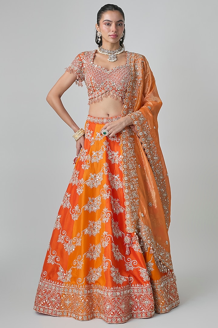 Orange Dupion Silk Bridal Lehenga Set by SURBHI SHAH at Pernia's Pop Up Shop