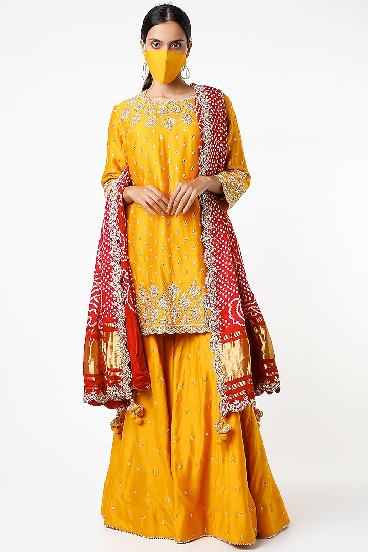 Sunshine Yellow Pure Spun Silk Wedding Sharara Set by SURBHI SHAH at Pernia's Pop Up Shop
