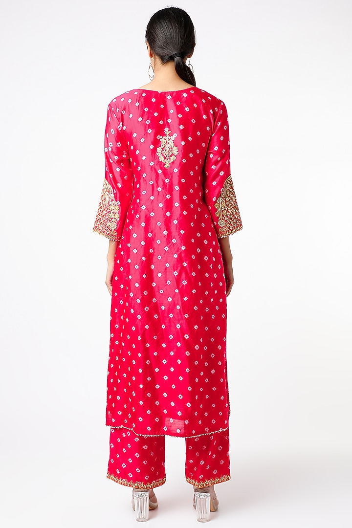Red Bandhani Printed & Hand Embroidered Kurta Set by SURBHI SHAH at Pernia's Pop Up Shop