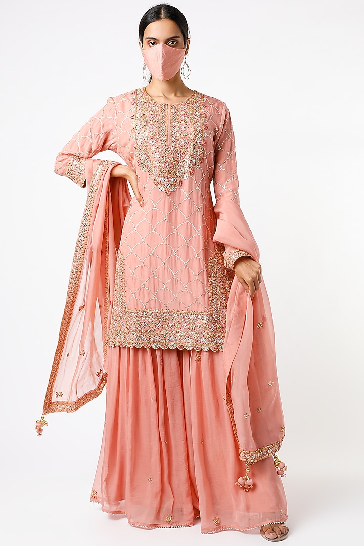 Rose Gold Pure Georgette Wedding Sharara Pant Set by SURBHI SHAH at Pernia's Pop Up Shop