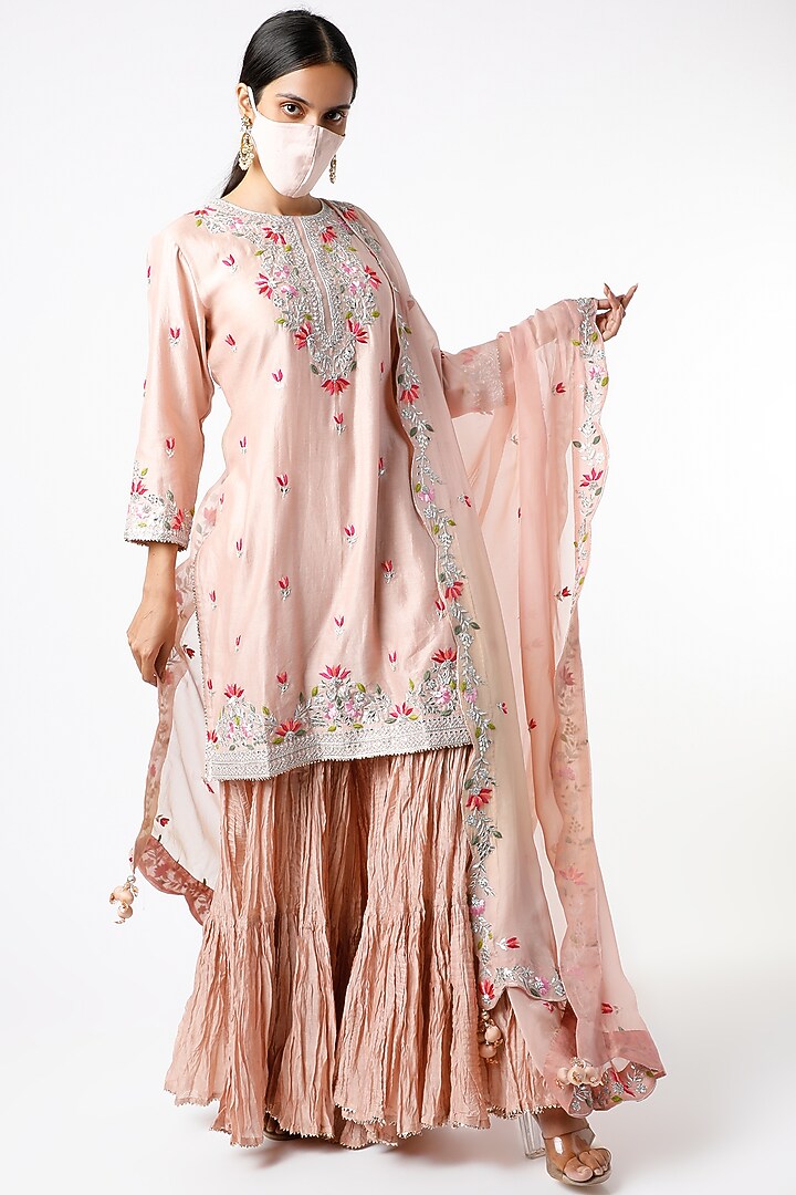 Beige Pure Chanderi Wedding Sharara Set by SURBHI SHAH at Pernia's Pop Up Shop