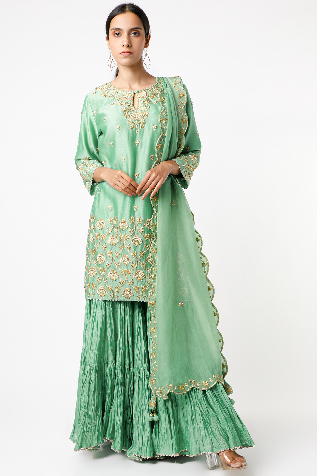 Green Chanderi Wedding Sharara Set by SURBHI SHAH at Pernia's Pop Up Shop