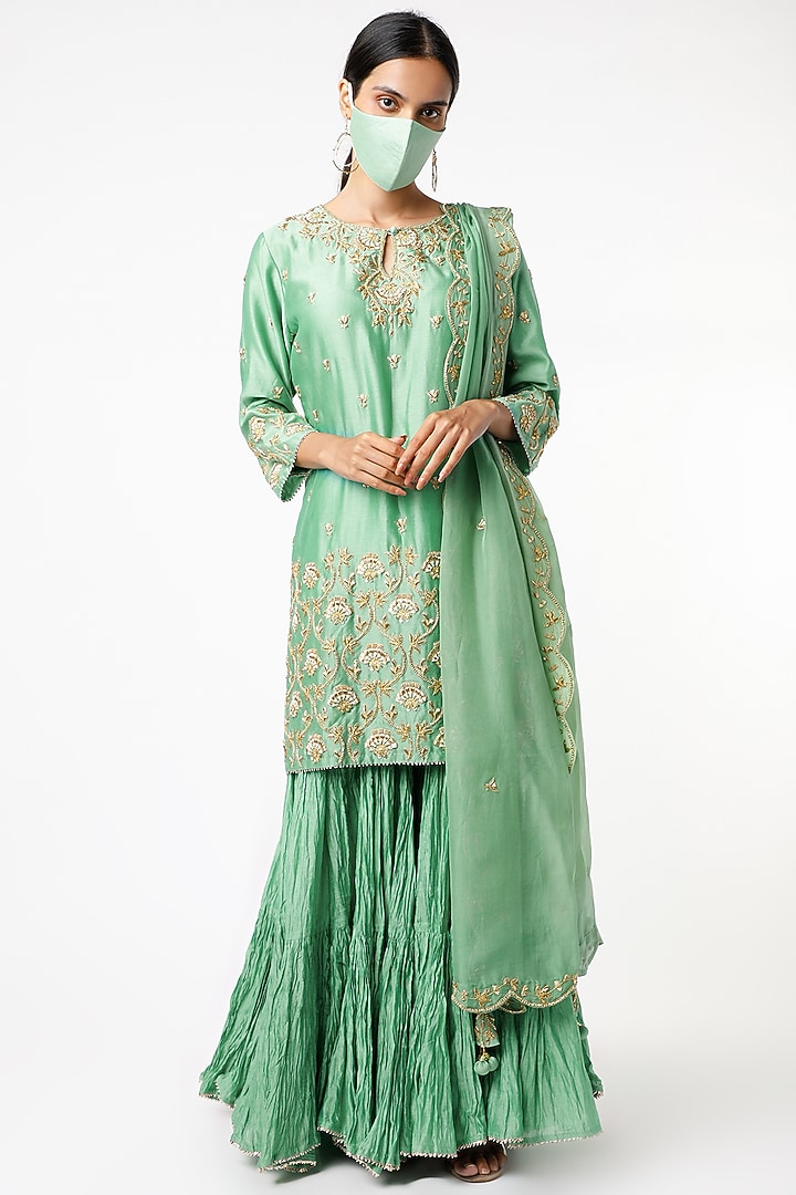 Green Chanderi Wedding Sharara Set by SURBHI SHAH at Pernia's Pop Up Shop