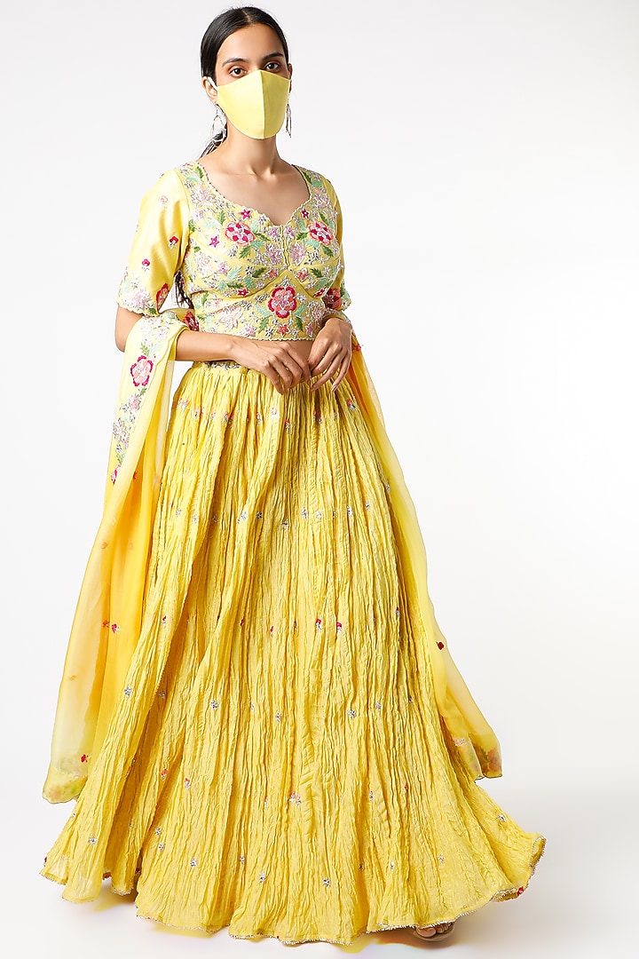 Yellow Pure Chanderi Wedding Lehenga Set by SURBHI SHAH at Pernia's Pop Up Shop