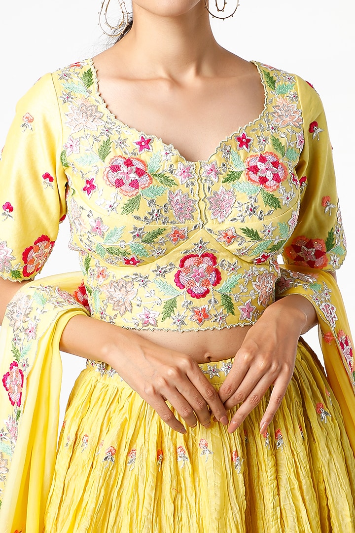 Yellow Pure Chanderi Wedding Lehenga Set by SURBHI SHAH at Pernia's Pop Up Shop