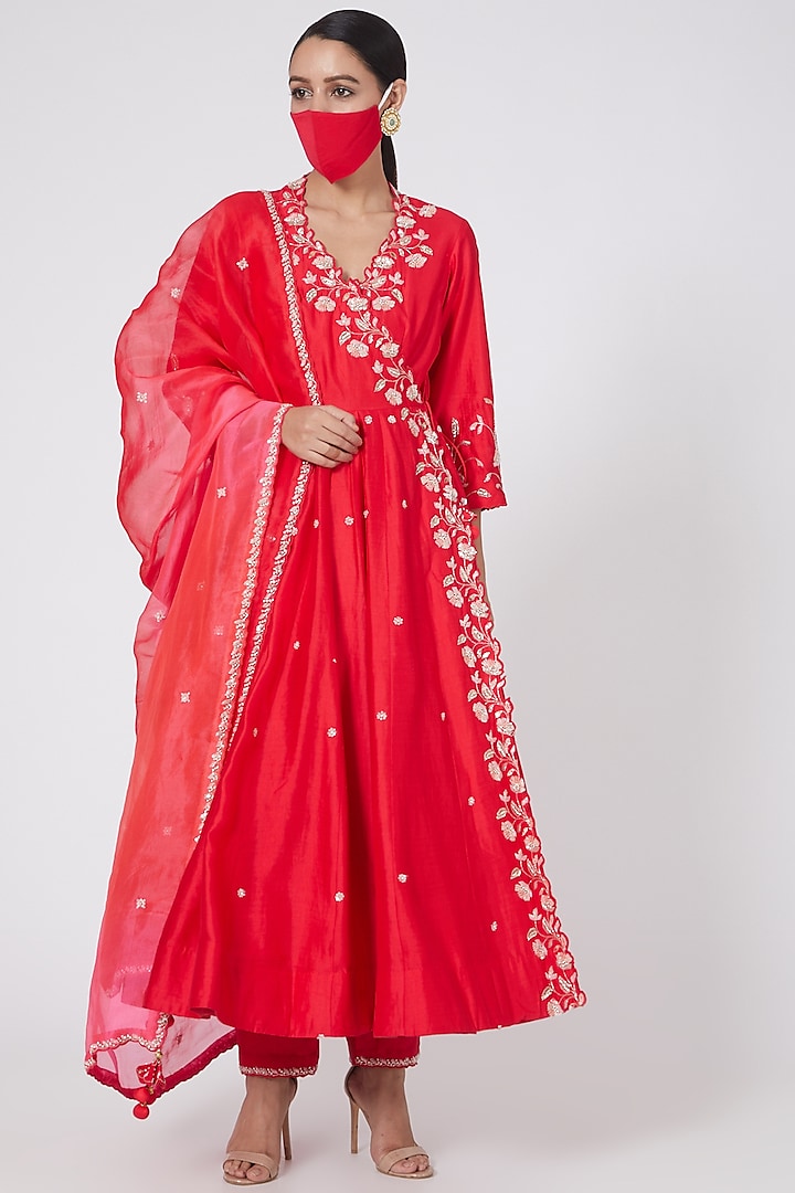 Red Sequins Embroidered  Angrakha Kurta Set by SURBHI SHAH at Pernia's Pop Up Shop