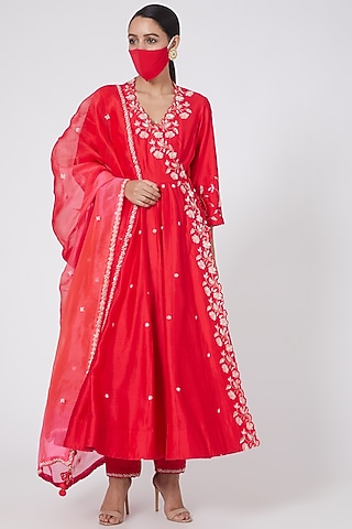 Red Sequins Embroidered  Angrakha Kurta Set by SURBHI SHAH