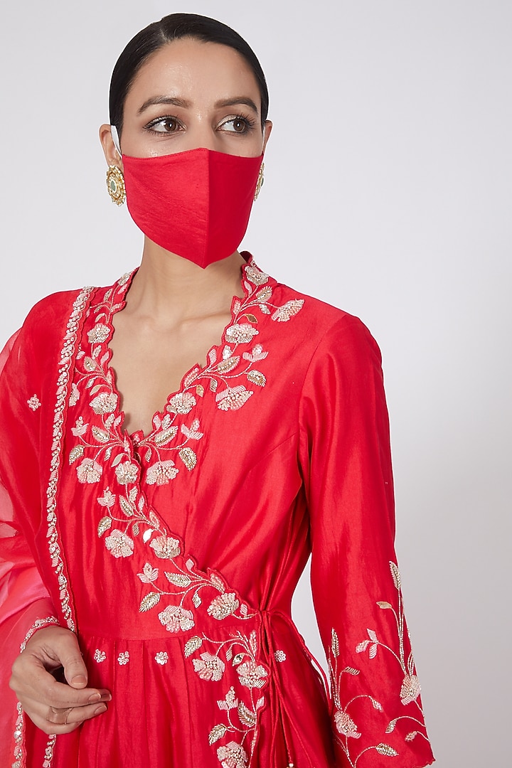 Red Sequins Embroidered Angrakha Kurta Set by SURBHI SHAH at Pernia's Pop Up Shop