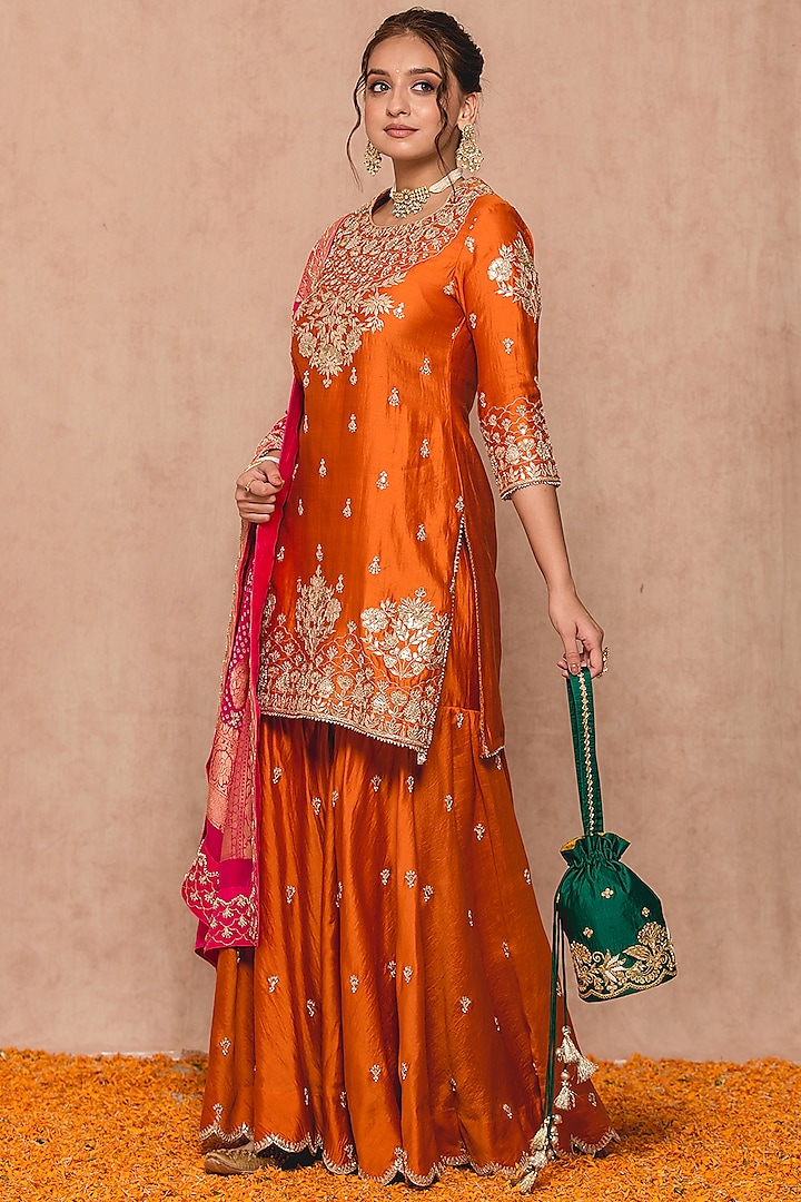 Orange Banarasi Wedding Sharara Set by SURBHI SHAH at Pernia's Pop Up Shop