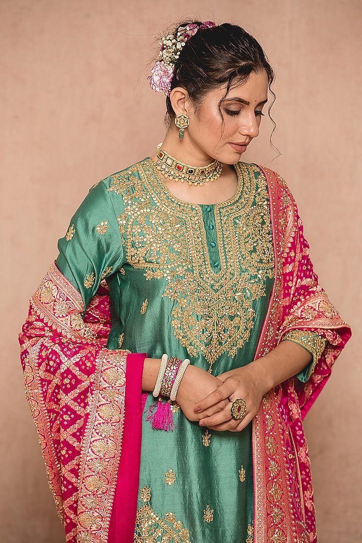Sea Blue Georgette Banarasi Wedding Sharara Set by SURBHI SHAH at Pernia's Pop Up Shop