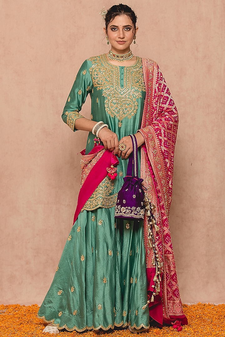 Sea Blue Georgette Banarasi Wedding Sharara Set by SURBHI SHAH at Pernia's Pop Up Shop