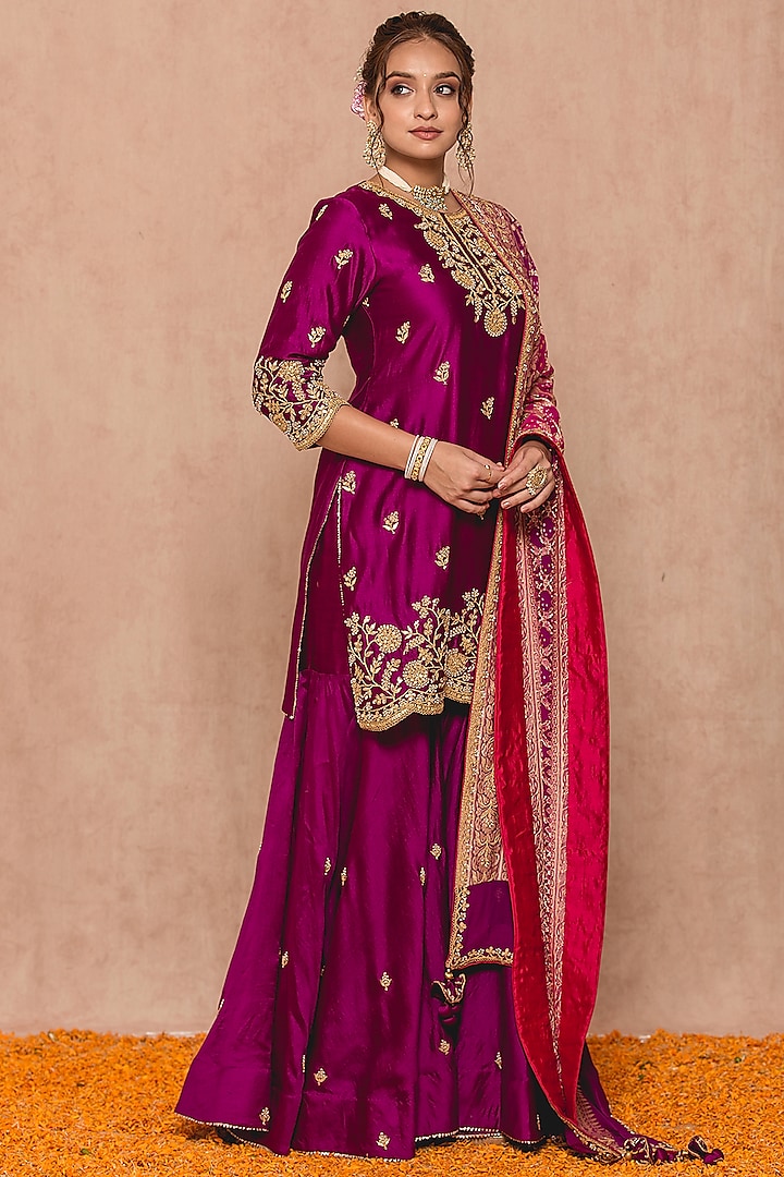 Magenta Banarasi Wedding Sharara Set by SURBHI SHAH at Pernia's Pop Up Shop