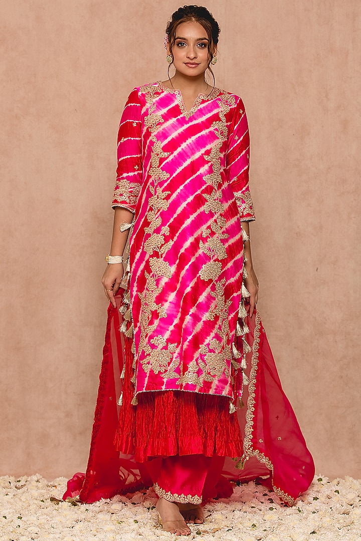 Red Hot Pink Silk Kurta Set by SURBHI SHAH