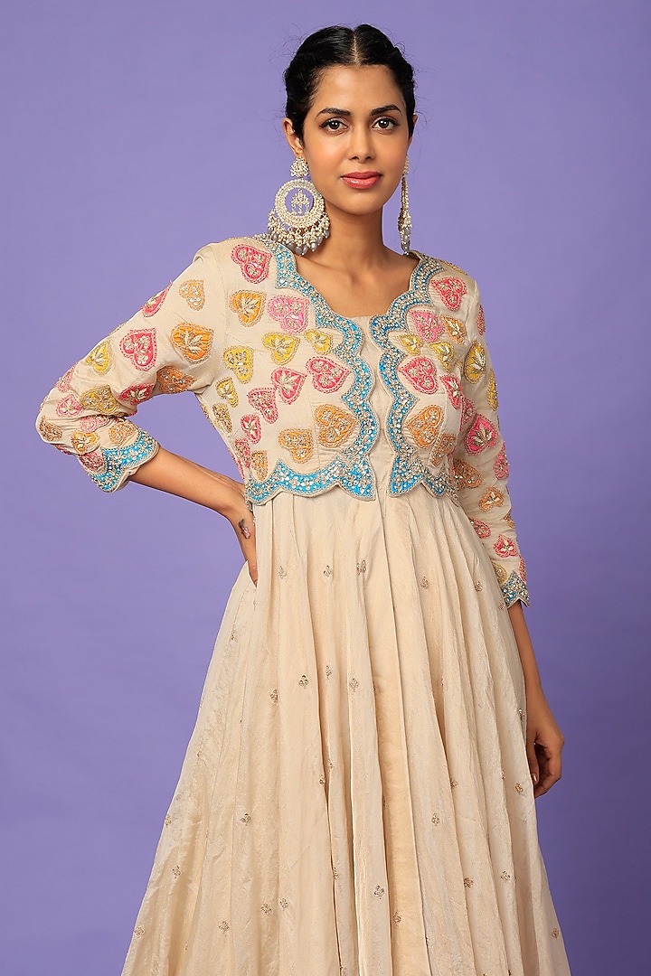 Dull Silver Hand Embroidered Jacket Wedding Anarkali Set by SURBHI SHAH at Pernia's Pop Up Shop