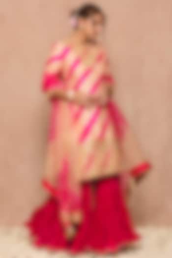Peach Hot Pink Spun Wedding Sharara Set by SURBHI SHAH at Pernia's Pop Up Shop