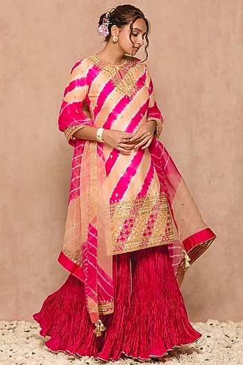 Peach Hot Pink Spun Wedding Sharara Set by SURBHI SHAH at Pernia's Pop Up Shop