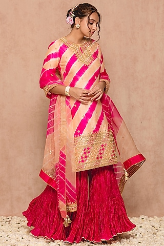 Peach Hot Pink Spun Sharara Set by SURBHI SHAH